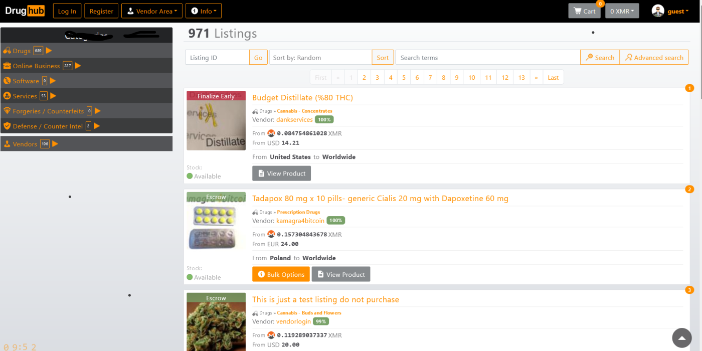 Drug Hub Market Tor access interface with login screen